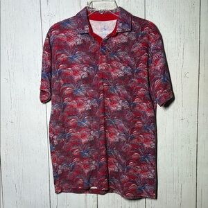 Tailorbyrd Geometric Summer Floral All Over Red Blue Golf Polo Shirt Size Large